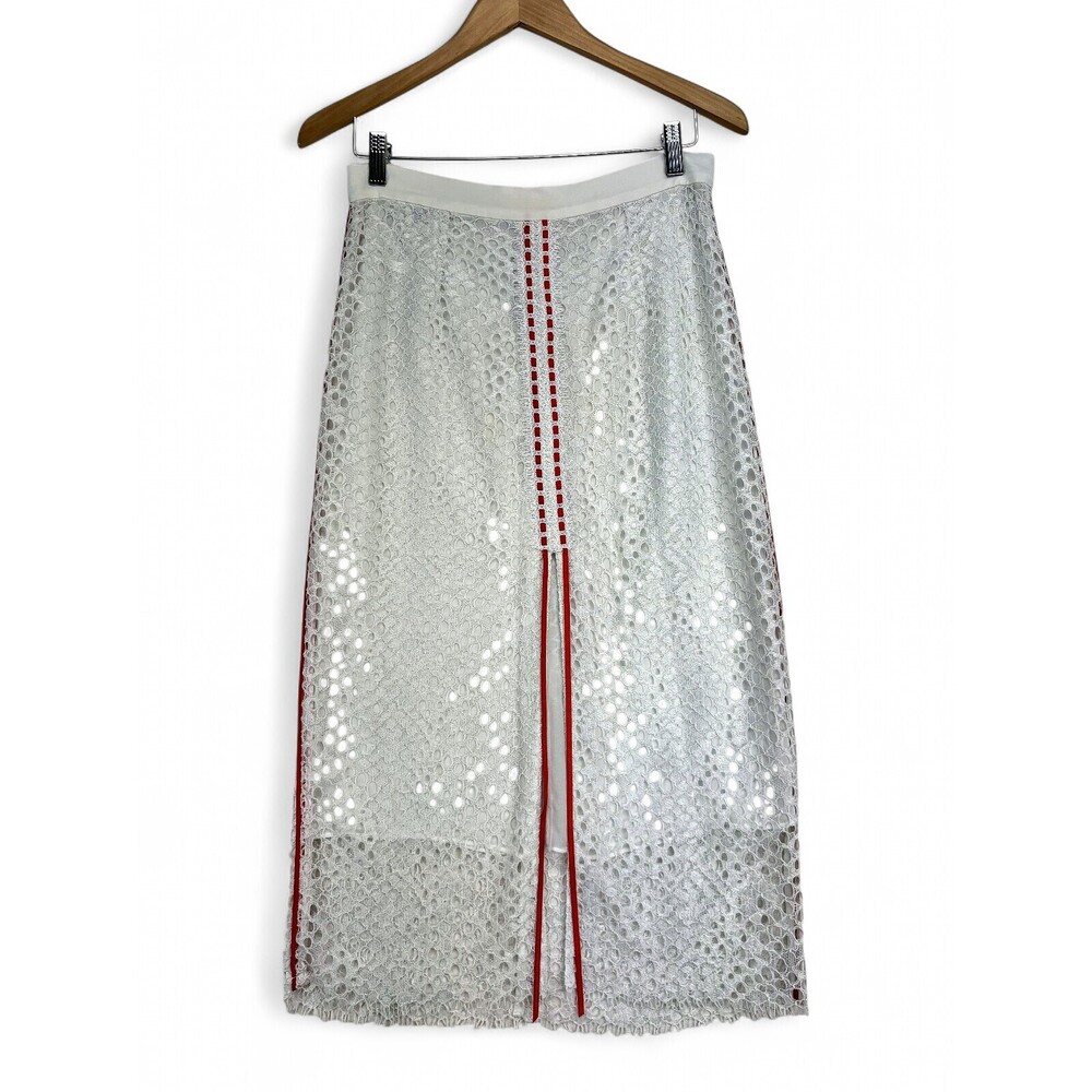 Pinko White Eyelet Lace Pencil Skirt Red Trim Sz 8‎
